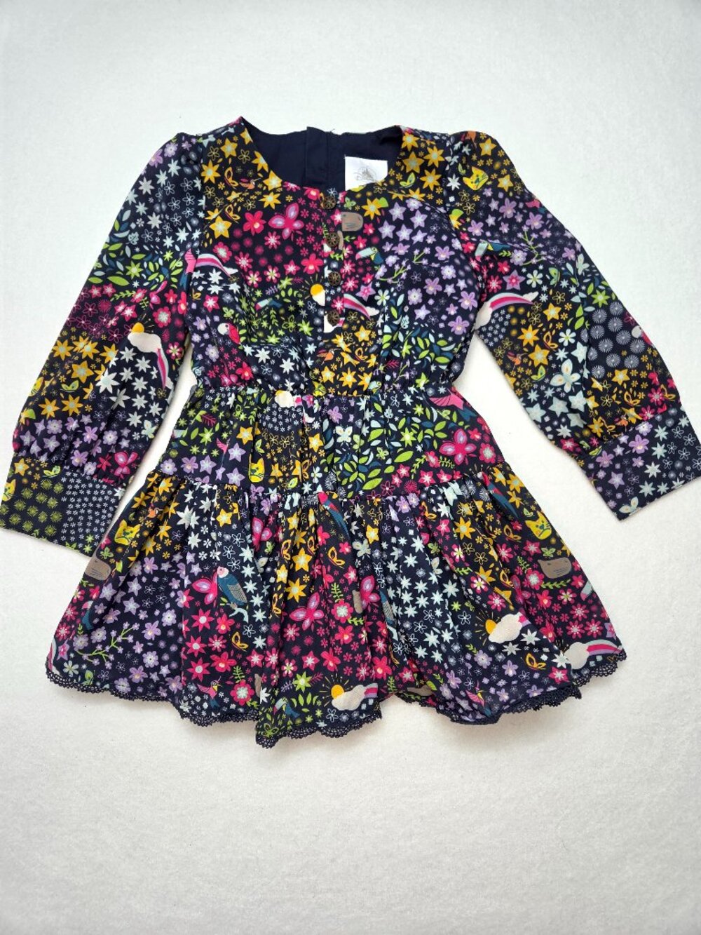 Disney Toddler Girl Encanto Navy Floral Patchwork Button Dow Tiered Dress Sz 3